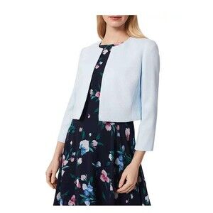 Hobbs London $290 Elize Jacket US 10 Pale Blue Open-Front Collarless 3/4 Sleeve